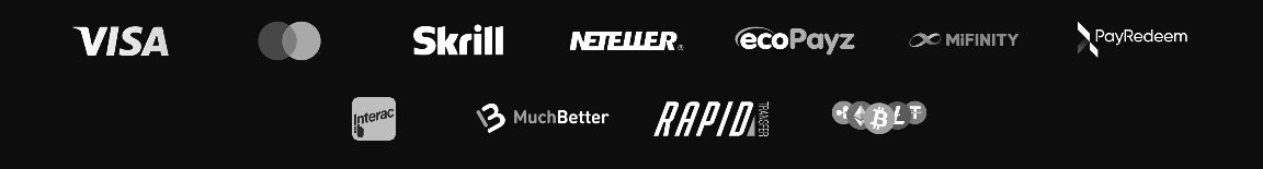 Zahlungsmethoden bei God Of Casino: Logos von Visa, Mastercard, Skrill, Neteller, ecoPayz, MiFinity, PayRedeem, Interac, MuchBetter, Rapid Transfer und Kryptowährungen.