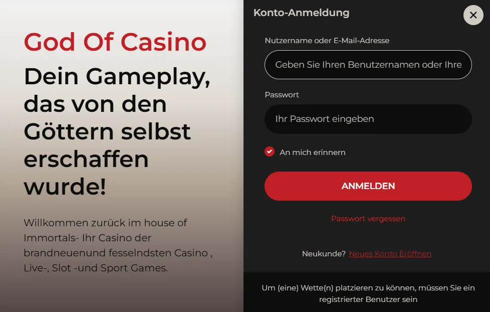 Loginfenster von God Of Casino mit Konto-Anmeldung, Eingabefeldern für Benutzername und Passwort und roter Schaltfläche „Anmelden“